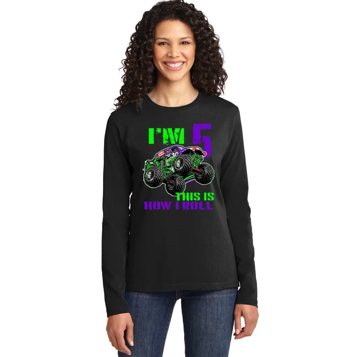 Monster Trucks Are My Jam 5th Birthday Boy 5 Years Old Bday Ladies Long Sleeve Shirt