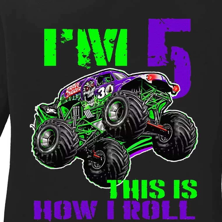 Monster Trucks Are My Jam 5th Birthday Boy 5 Years Old Bday Ladies Long Sleeve Shirt