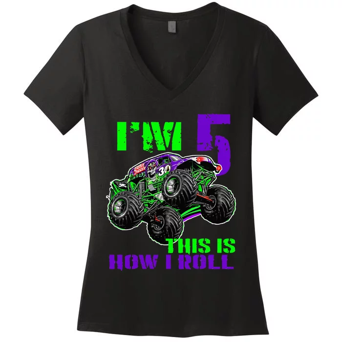 Monster Trucks Are My Jam 5th Birthday Boy 5 Years Old Bday Women's V-Neck T-Shirt