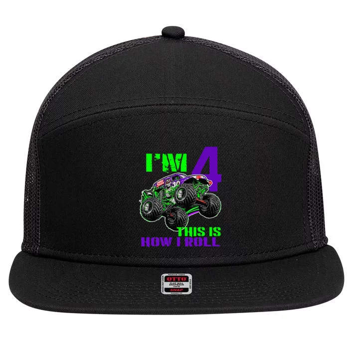 Monster Trucks Are My Jam 4th Birthday Boy 4 Years Old 7 Panel Mesh Trucker Snapback Hat