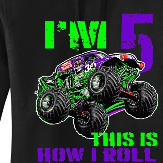 Monster Trucks Are My Jam 5th Birthday Boy 5 Years Old Bday Women's Pullover Hoodie