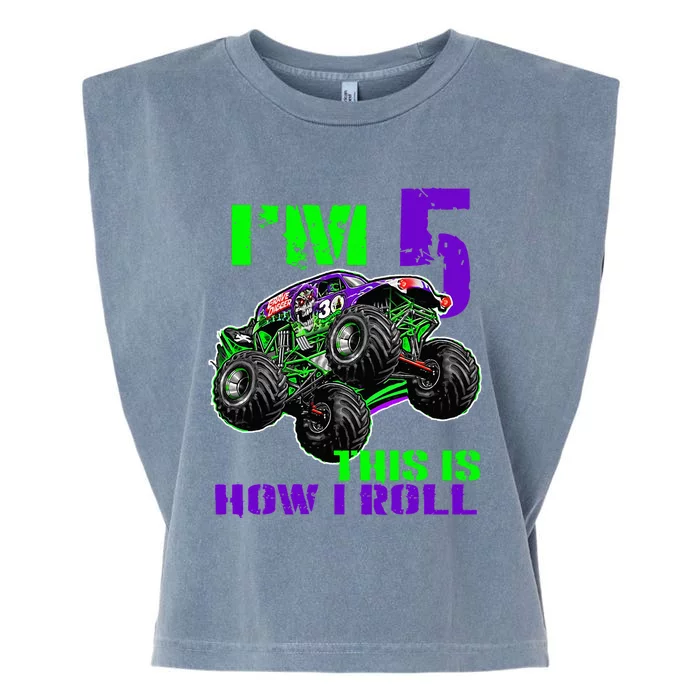 Monster Trucks Are My Jam 5th Birthday Boy 5 Years Old Bday Garment-Dyed Women's Muscle Tee