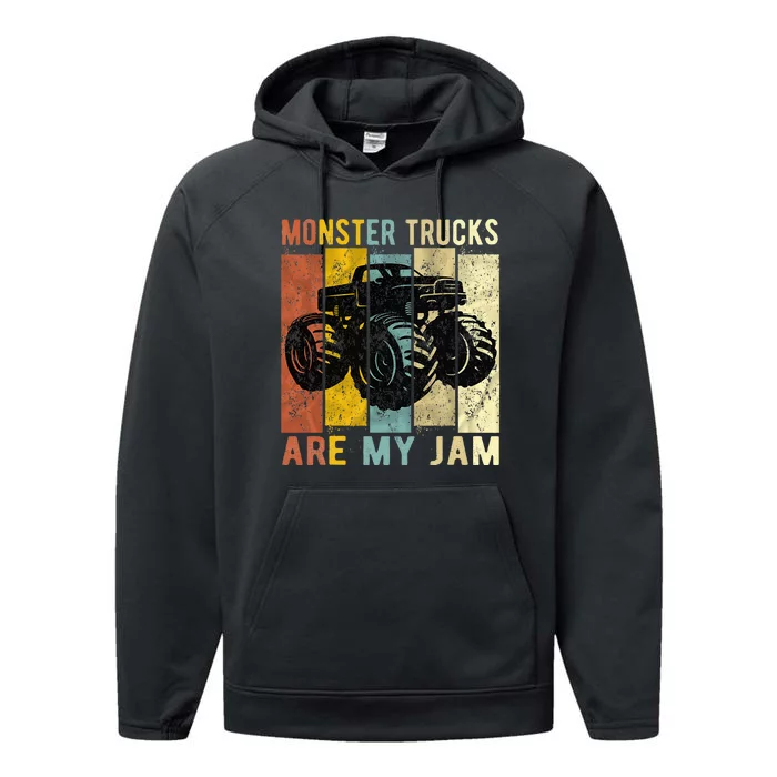 Monster Trucks Are My Jam Vintage Retro Monster Truck Performance Fleece Hoodie