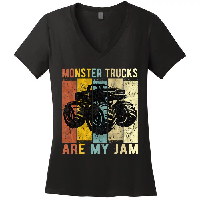 Monster Trucks Are My Jam Vintage Retro Monster Truck Women's V-Neck T-Shirt