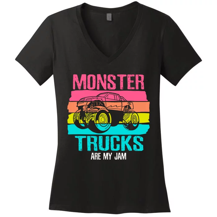 Monster Trucks Are My Jam Engines Truck Car Lovers Trucker Women's V-Neck T-Shirt