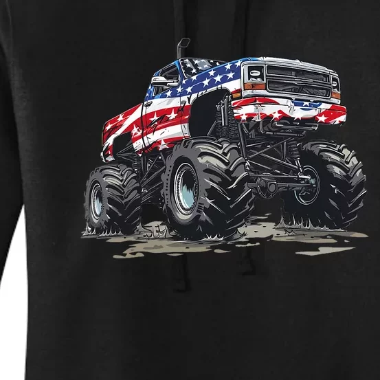 Monster Truck American Flag Boy 4th Of July Women's Pullover Hoodie