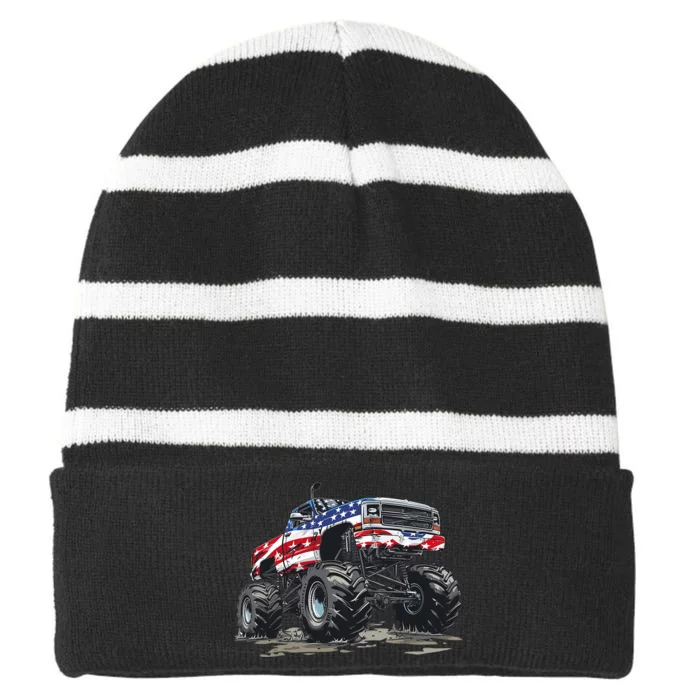 Monster Truck American Flag Boy 4th Of July Striped Beanie with Solid Band