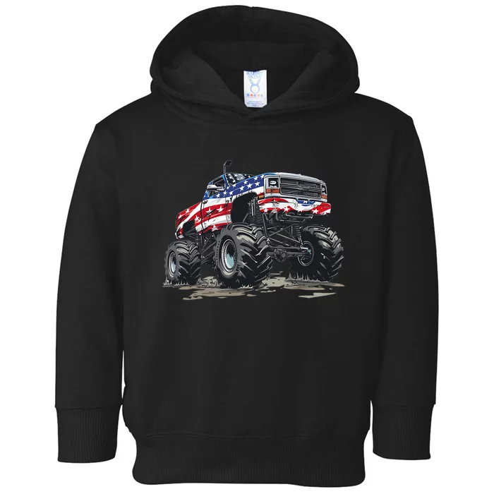 Monster Truck American Flag Boy 4th Of July Toddler Hoodie