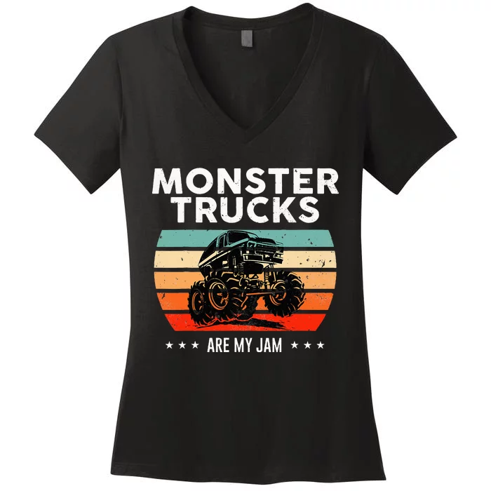 Monster Truck Are My Jam Retro Sunset Cool Engines Women's V-Neck T-Shirt