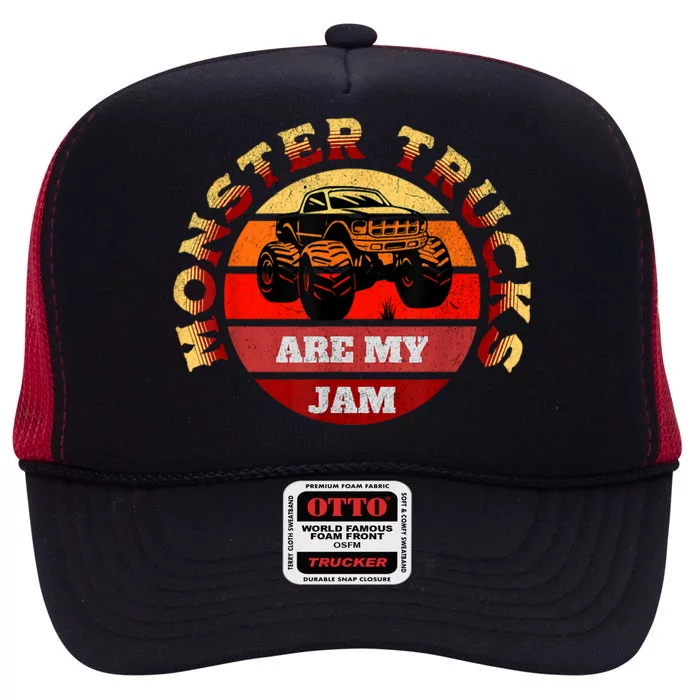 Monster Trucks Are My Jam Retro Vintage Sunset Big Car High Crown Mesh Trucker Hat