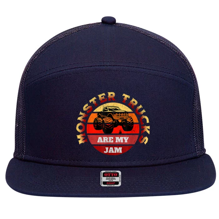 Monster Trucks Are My Jam Retro Vintage Sunset Big Car 7 Panel Mesh Trucker Snapback Hat