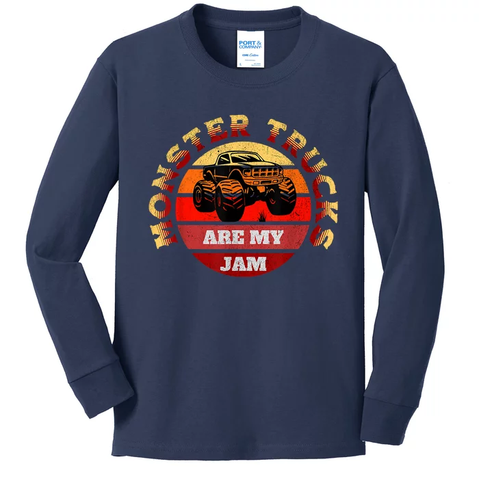 Monster Trucks Are My Jam Retro Vintage Sunset Big Car Kids Long Sleeve Shirt