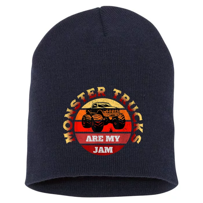 Monster Trucks Are My Jam Retro Vintage Sunset Big Car Short Acrylic Beanie