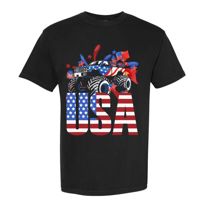 Monster Truck Boy USA American Flag July 4th Garment-Dyed Heavyweight T-Shirt