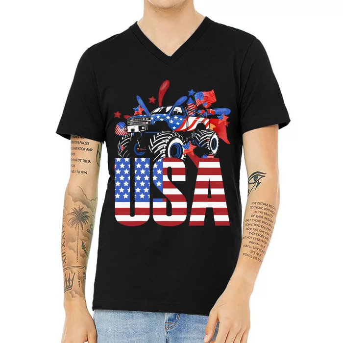 Monster Truck Boy USA American Flag July 4th V-Neck T-Shirt