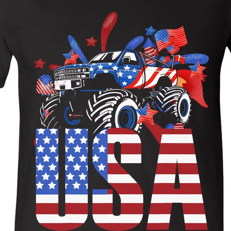 Monster Truck Boy USA American Flag July 4th V-Neck T-Shirt