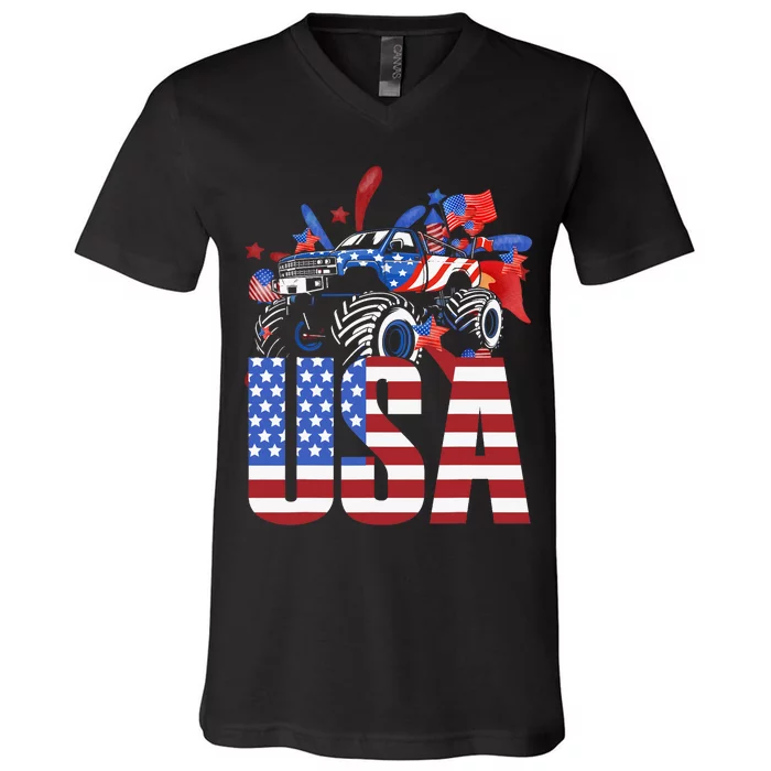 Monster Truck Boy USA American Flag July 4th V-Neck T-Shirt