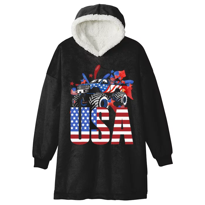 Monster Truck Boy USA American Flag July 4th Hooded Wearable Blanket