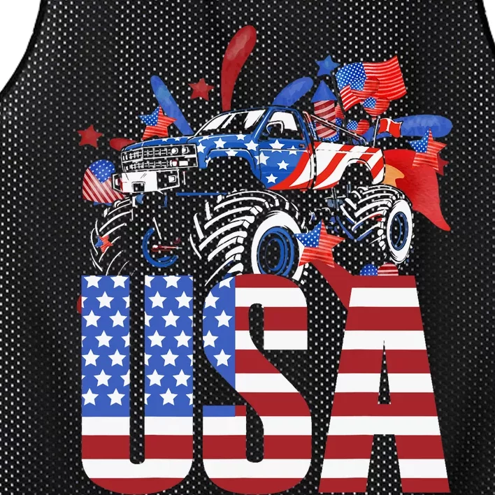 Monster Truck Boy USA American Flag July 4th Mesh Reversible Basketball Jersey Tank