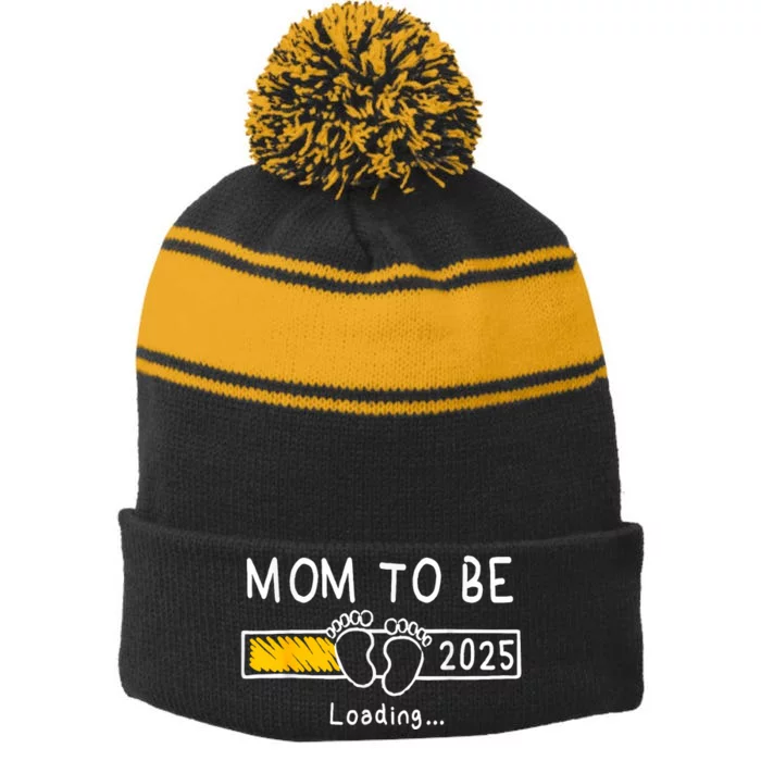 Mom To Be 2025 Loading Mom Est 2025 Promoted To Mommy Stripe Pom Pom Beanie