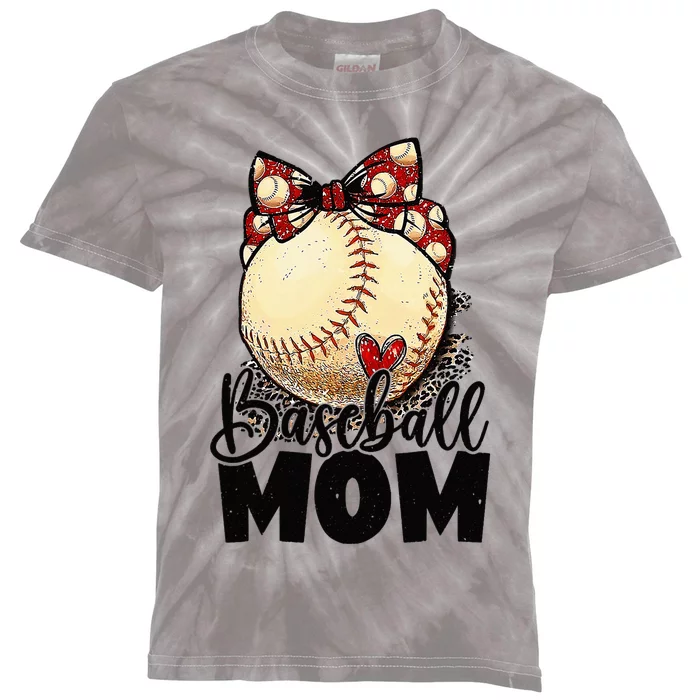 Mama Tball Baseball Mom Leopard Messy Bun Kids Tie-Dye T-Shirt