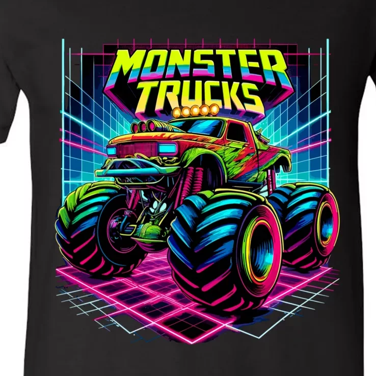 Monster Truck Birthday Party Retro Monster Trucks Lover V-Neck T-Shirt