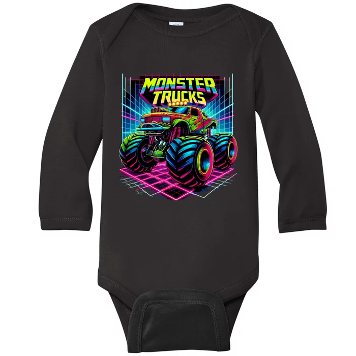 Monster Truck Birthday Party Retro Monster Trucks Lover Baby Long Sleeve Bodysuit