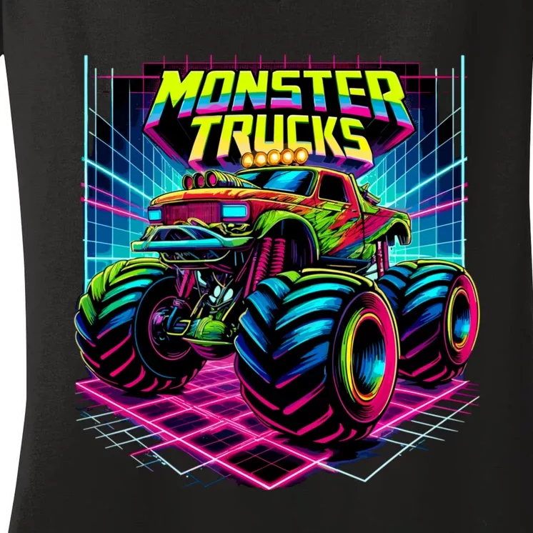 Monster Truck Birthday Party Retro Monster Trucks Lover Women's V-Neck T-Shirt