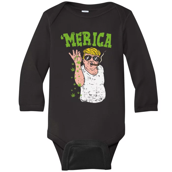 Merica Trump Bae Smoking Weed Cannabis Funny 420 Stoner Gift Baby Long Sleeve Bodysuit