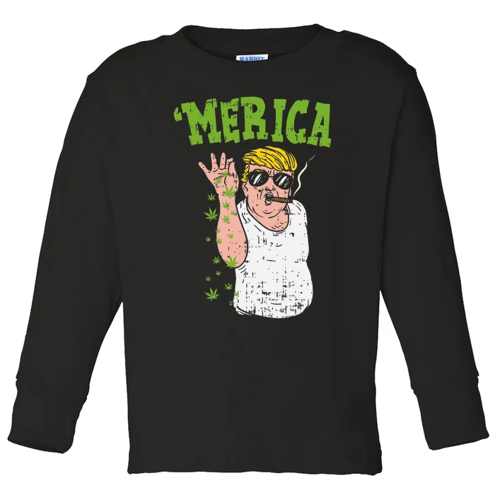 Merica Trump Bae Smoking Weed Cannabis Funny 420 Stoner Gift Toddler Long Sleeve Shirt