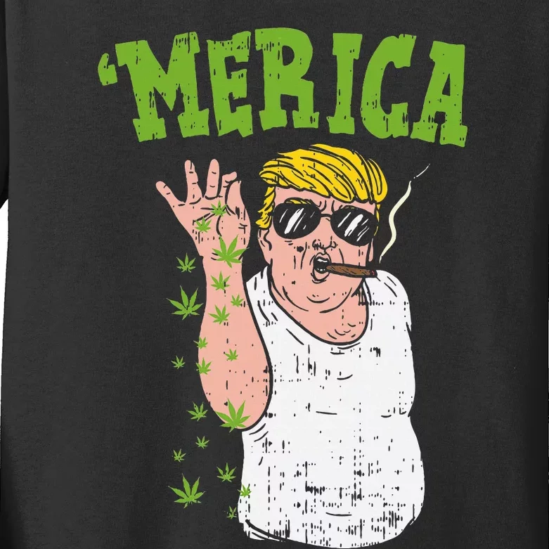 Merica Trump Bae Smoking Weed Cannabis Funny 420 Stoner Gift Kids Long Sleeve Shirt