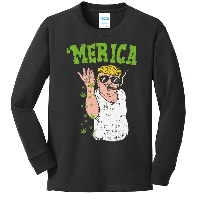 Merica Trump Bae Smoking Weed Cannabis Funny 420 Stoner Gift Kids Long Sleeve Shirt