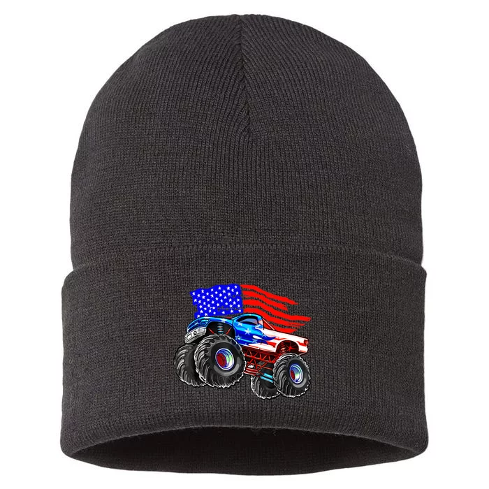 Monster Truck Boys USA American Flag 4th Of July Sustainable Knit Beanie