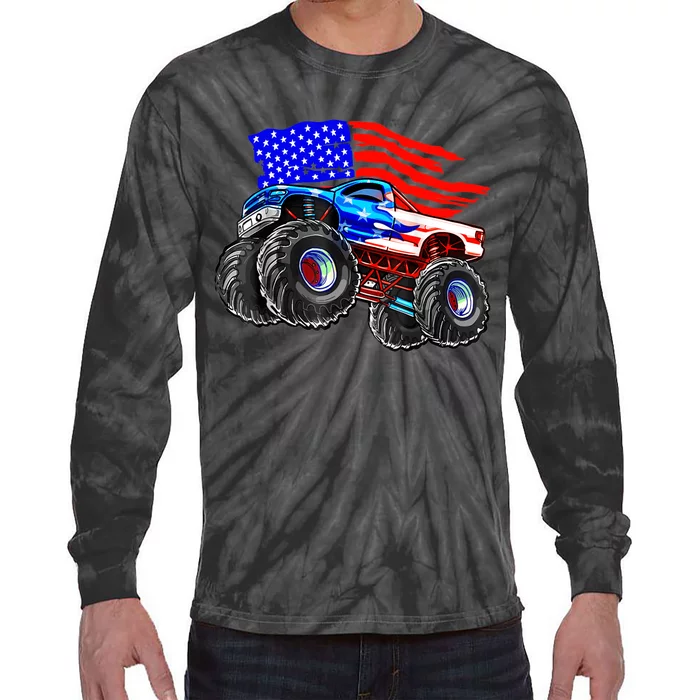 Monster Truck Boys USA American Flag 4th Of July Tie-Dye Long Sleeve Shirt