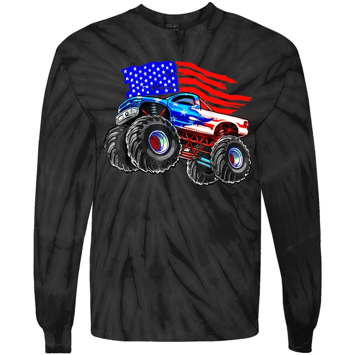 Monster Truck Boys USA American Flag 4th Of July Tie-Dye Long Sleeve Shirt