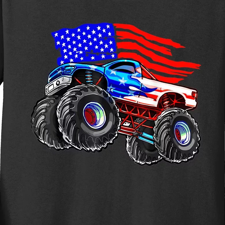 Monster Truck Boys USA American Flag 4th Of July Kids Long Sleeve Shirt