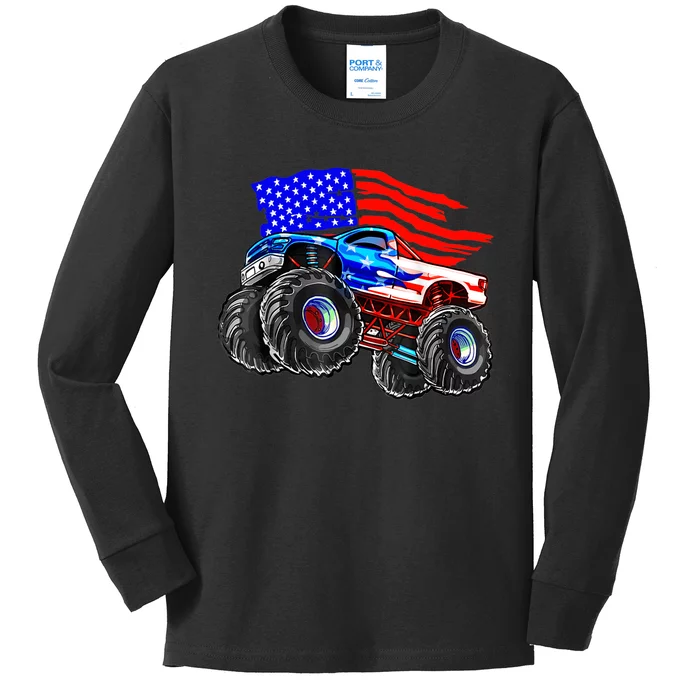 Monster Truck Boys USA American Flag 4th Of July Kids Long Sleeve Shirt