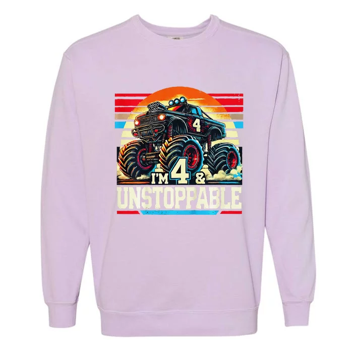 Monster Truck Birthday 4 Year Gift Monster Truck 4th Garment-Dyed Sweatshirt