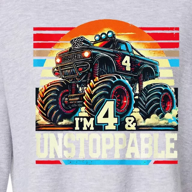 Monster Truck Birthday 4 Year Gift Monster Truck 4th Cropped Pullover Crew