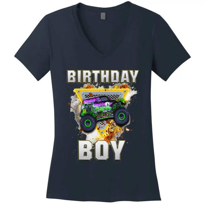 Monster Truck Birthday Boy Monster Truck Are My Jam Lovers Women's V-Neck T-Shirt