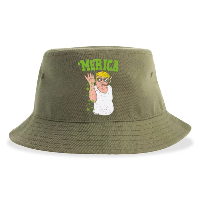 Merica Trump Bae Smoking Weed Cannabis Funny 420 Stoner Gift Sustainable Bucket Hat