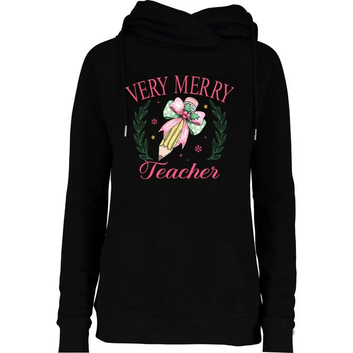 Merry Teacher Bright Students Christmas Joy Womens Funnel Neck Pullover Hood