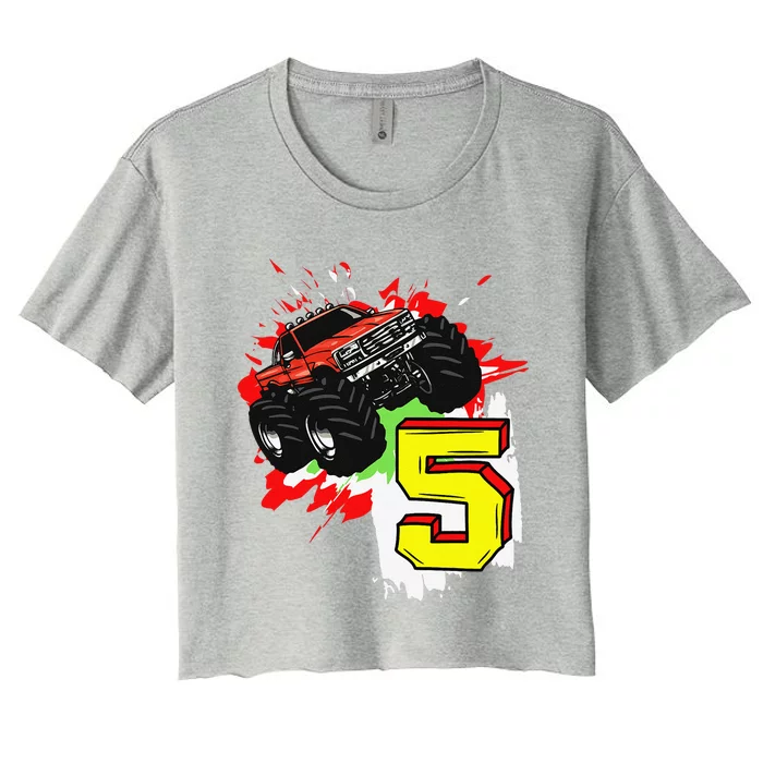 Monster Truck Birthday 5 Years 5th Birthday Party Women's Crop Top Tee