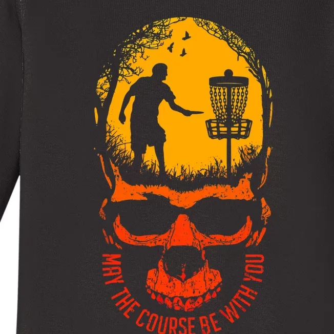 May The Course Be With You Disc Golf Player Skull Sunset Baby Long Sleeve Bodysuit