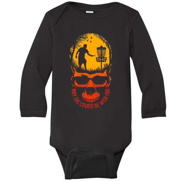 May The Course Be With You Disc Golf Player Skull Sunset Baby Long Sleeve Bodysuit