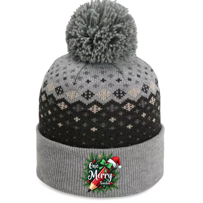 Merry Teacher Christmas Pencil Holly The Baniff Cuffed Pom Beanie