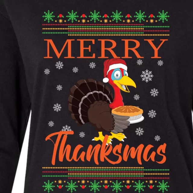 Merry Thanksmas Cute Turkey Santa Hat Thanksgiving Christmas Gift Womens Cotton Relaxed Long Sleeve T-Shirt