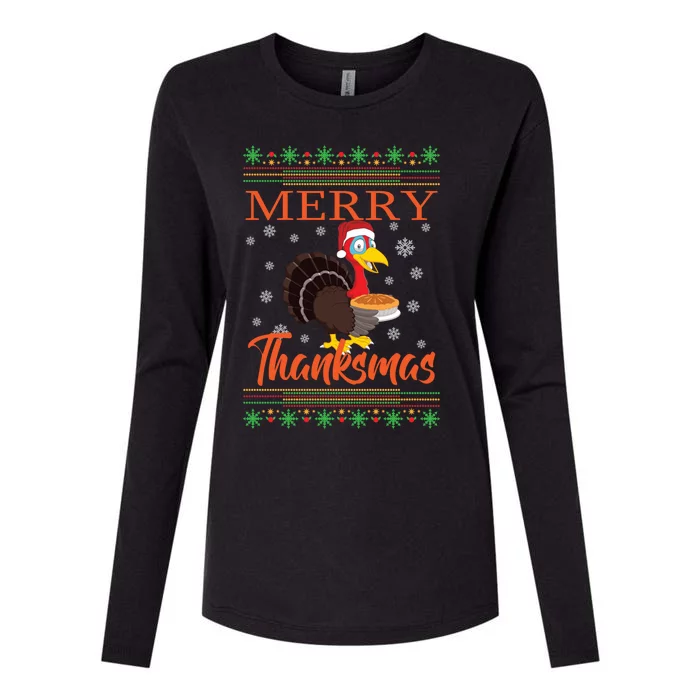 Merry Thanksmas Cute Turkey Santa Hat Thanksgiving Christmas Gift Womens Cotton Relaxed Long Sleeve T-Shirt