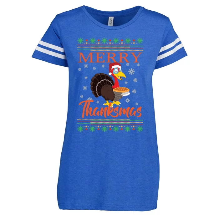 Merry Thanksmas Cute Turkey Santa Hat Thanksgiving Christmas Gift Enza Ladies Jersey Football T-Shirt