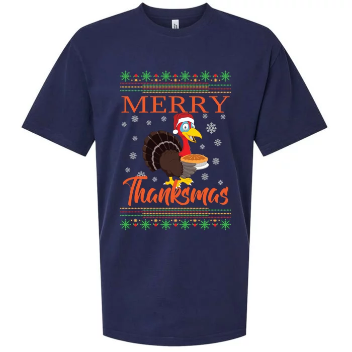 Merry Thanksmas Cute Turkey Santa Hat Thanksgiving Christmas Gift Sueded Cloud Jersey T-Shirt